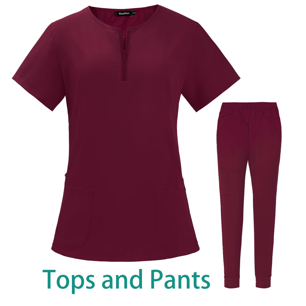7-color nursing work uniform set featuring a zipper V-neck top and pants in maroon, ideal for women and unisex use in various professions.