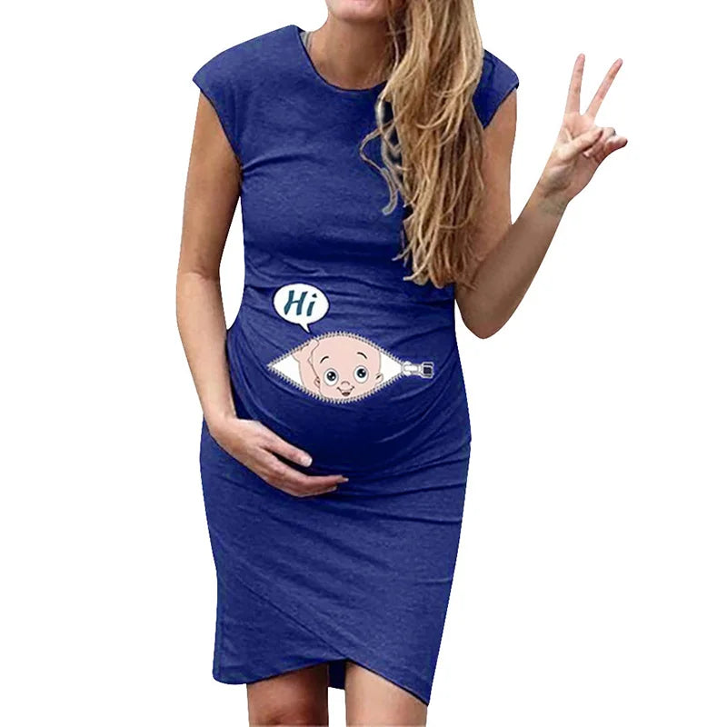 Loose casual maternity dress for plus size women with cute cartoon design, perfect for summer and sleeveless styling.