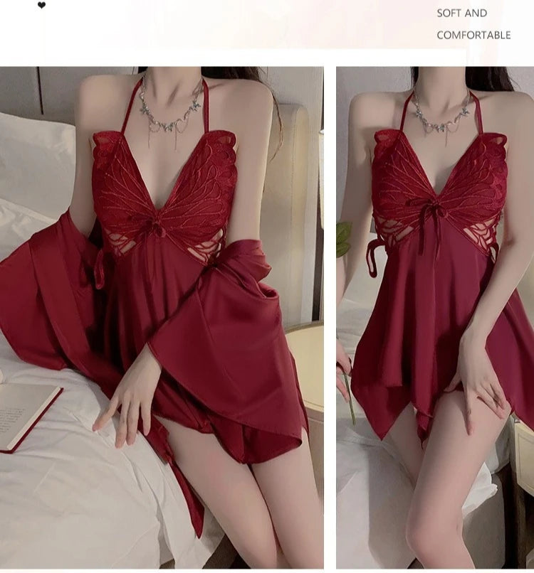 طقم نوم نسائي مع روب فيونكة