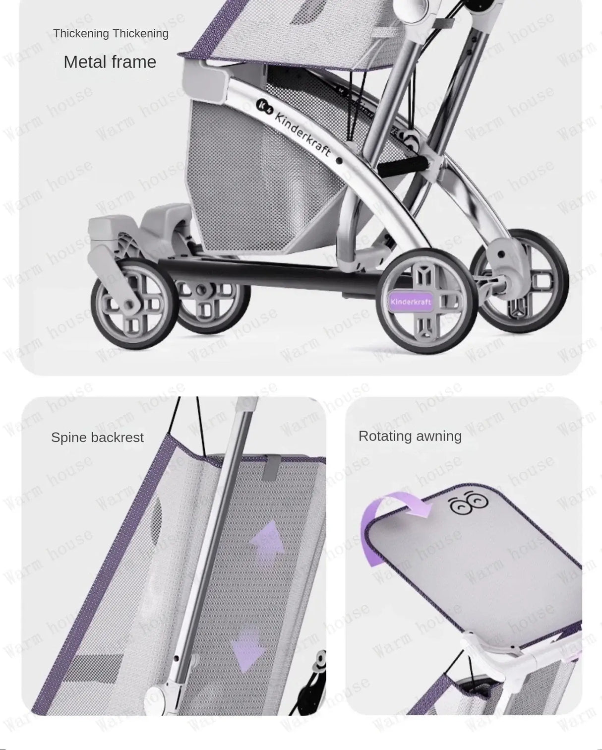 Detailed view of an outdoor lightweight children's stroller featuring a metal frame, spine backrest, and a rotating awning.