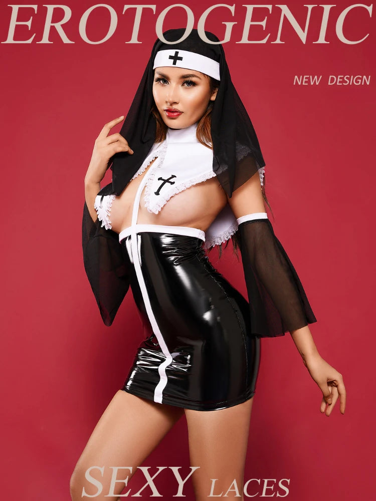 Sexy Anime Nun Leather Cosplay Outfit