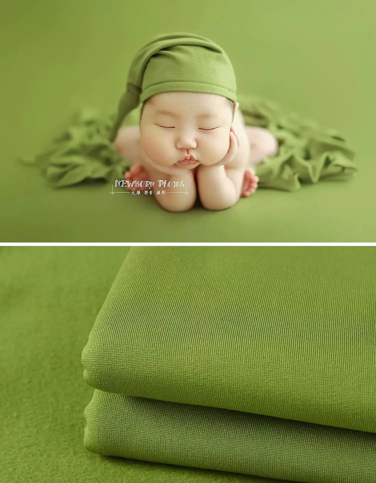 Newborn soft wrap blanket in green, ideal for photography, with a baby lying on a matching fabric.