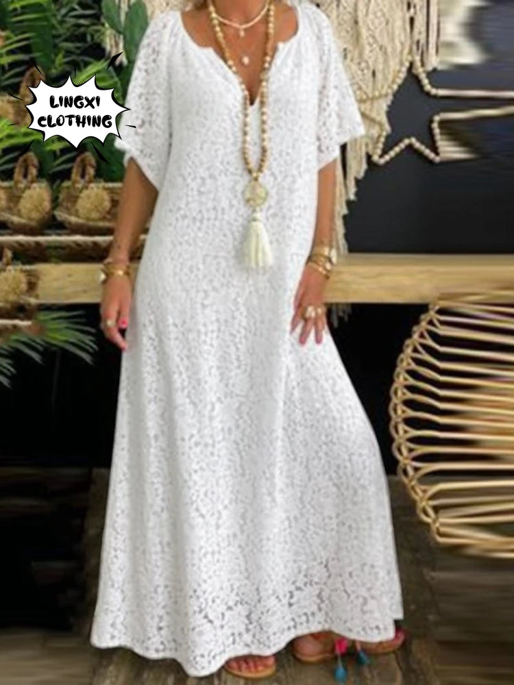 Women Lace V Neck Long Dress