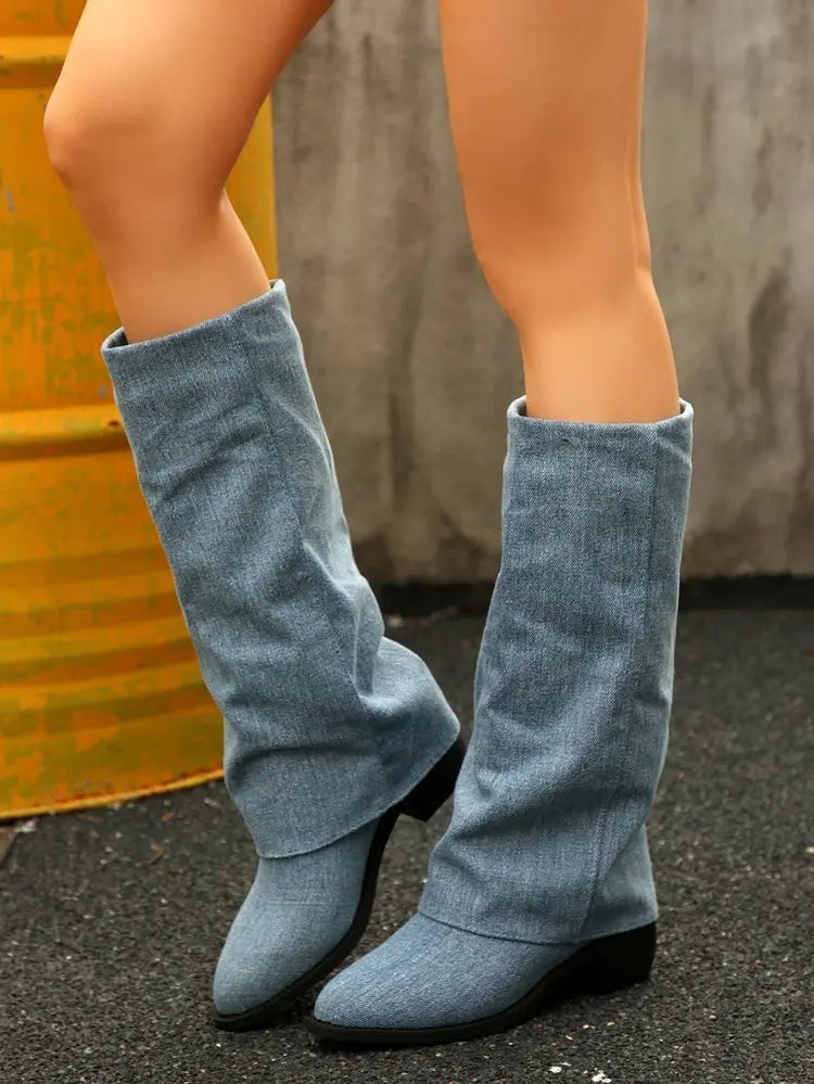 Women’s Knee High Cowboy Denim Boots 2025