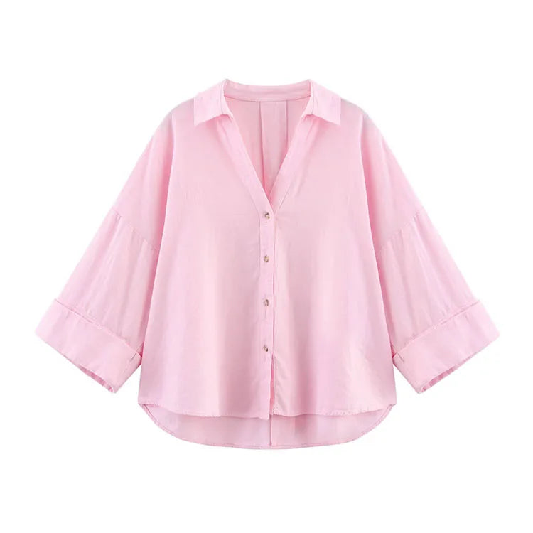 AsymLinen™ wide sleeve pink linen shirt, asymmetric button down, spring loose fit for women.