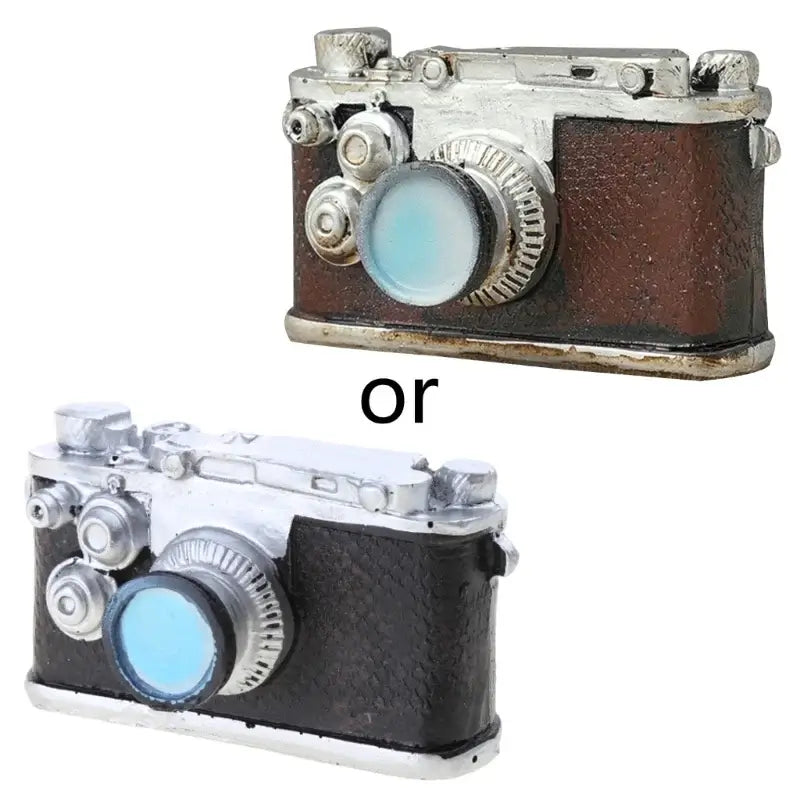 Miniature dollhouse camera in brown and black, perfect for baby photography props and decorative gifts.