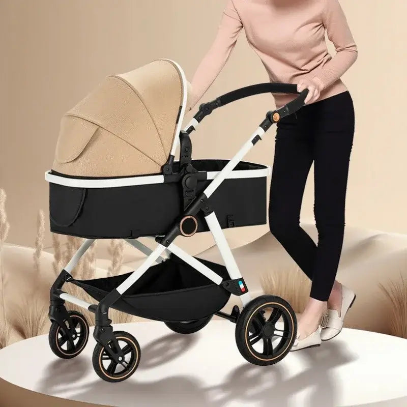 Lightweight and foldable baby stroller in beige and black, designed for ages 0-3 years, shown being pushed by a woman.