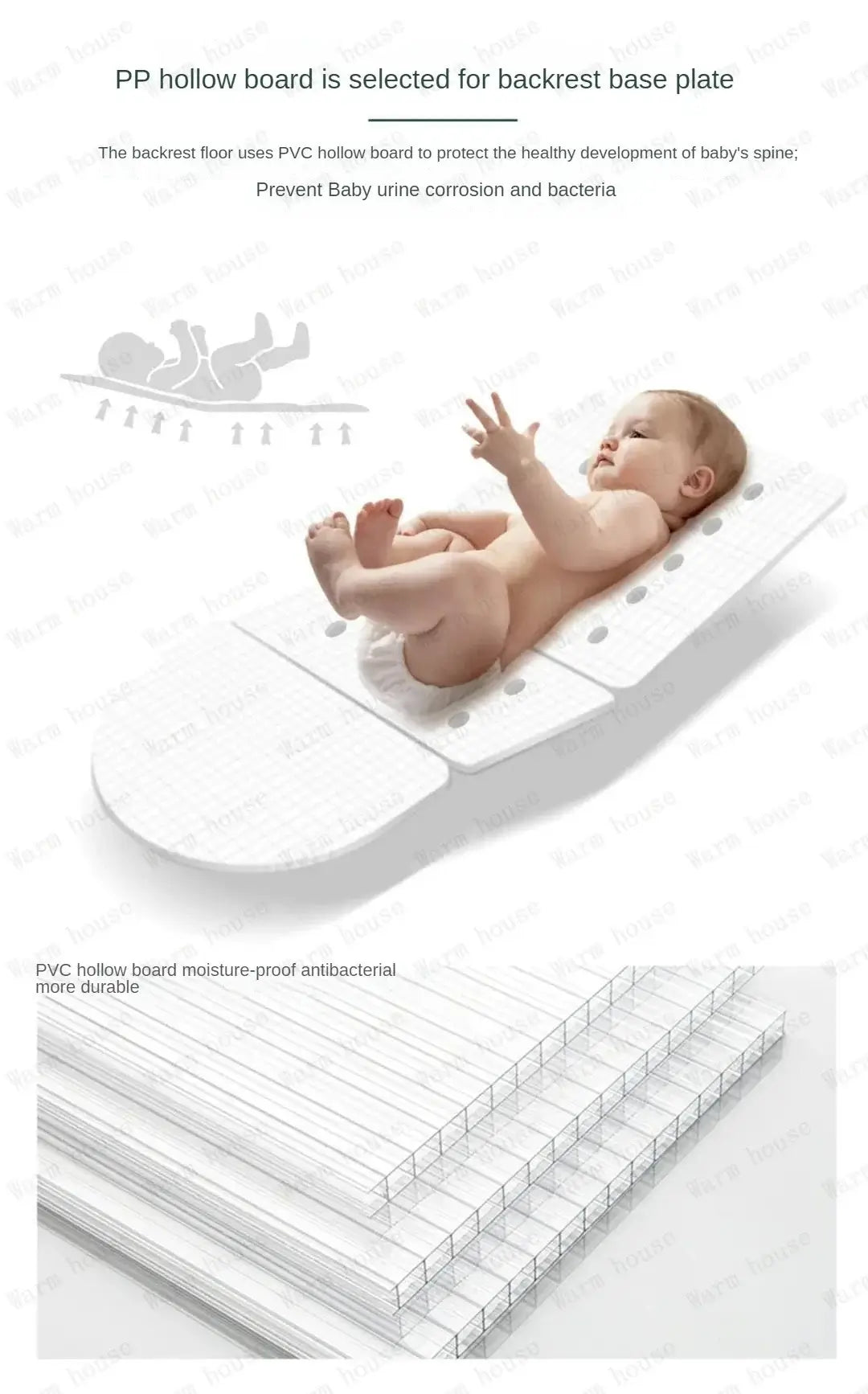 Infant lying on a PP hollow board, designed for backrest support, promoting healthy spine development and antibacterial safety.