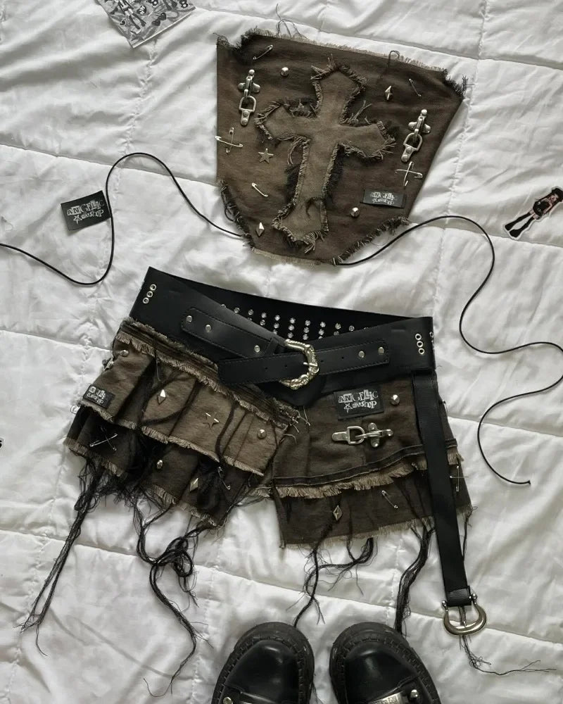 Women Cross Patch Denim Skirt Set