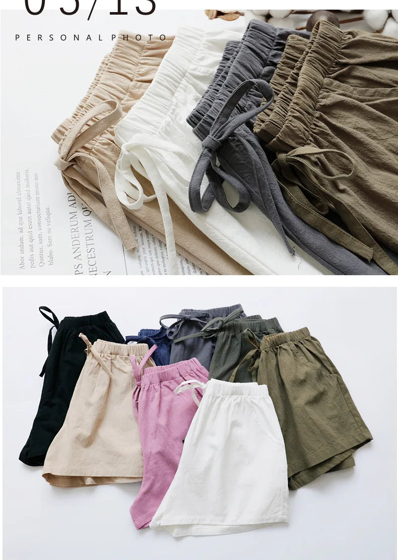 Women Cotton Linen High Waist Shorts