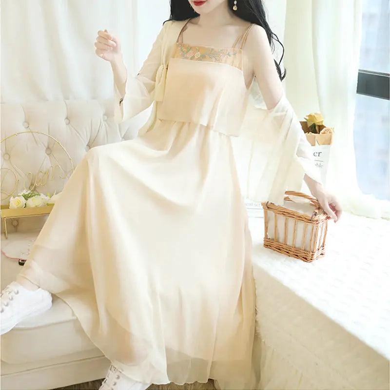 Floral 2-Piece Hanfu summer dress for women, made with lightweight polyester and spandex, perfect for warm weather.