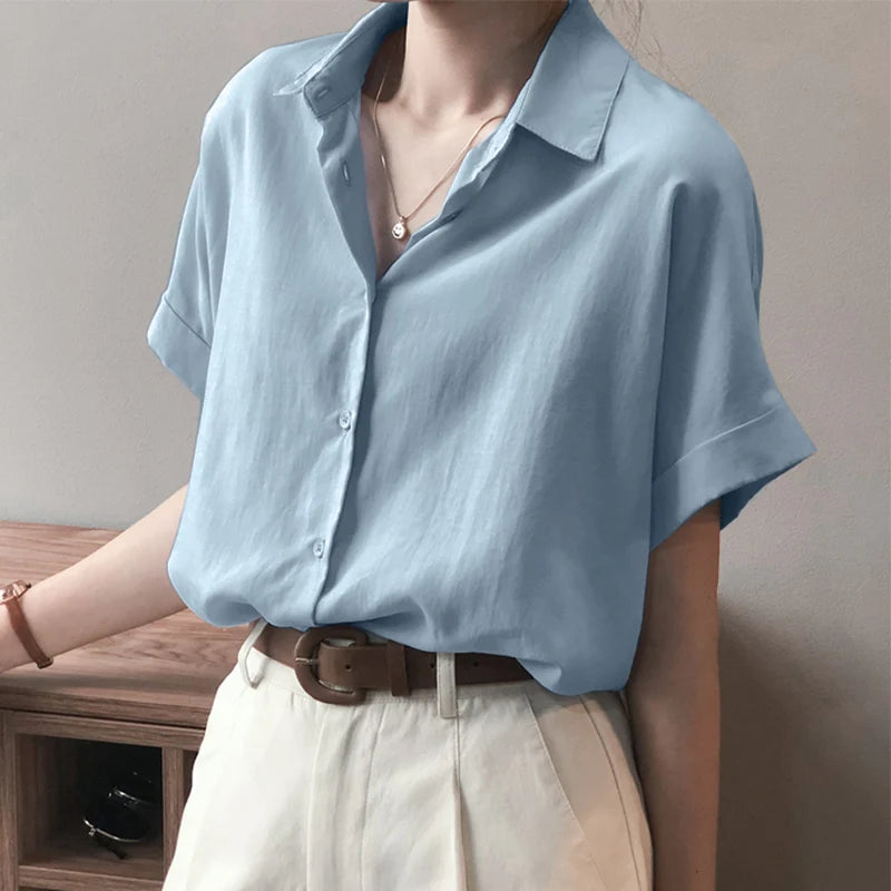 ZanzeaEase™ oversized summer blouse in light blue with button-down design and relaxed fit, perfect for casual wear.