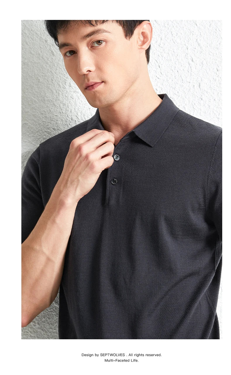 Men Short Sleeve Wool Polo Knit