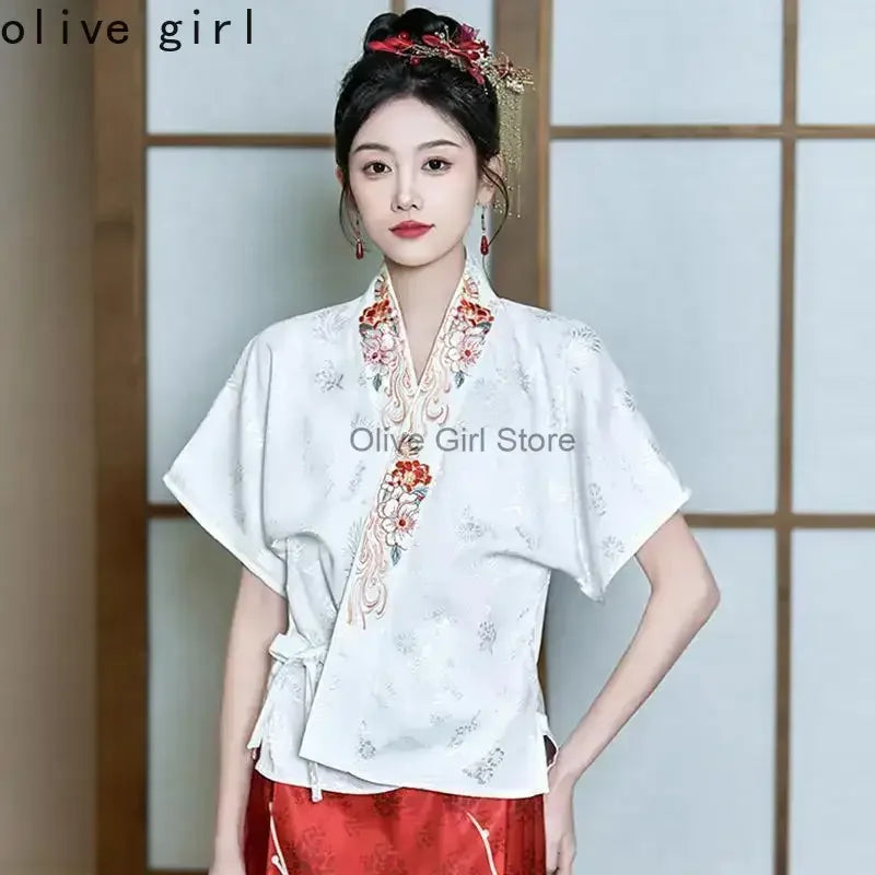Traditional Hanfu oversized embroidered blouse for women by Olive Girl, showcasing elegant design and intricate detailing.