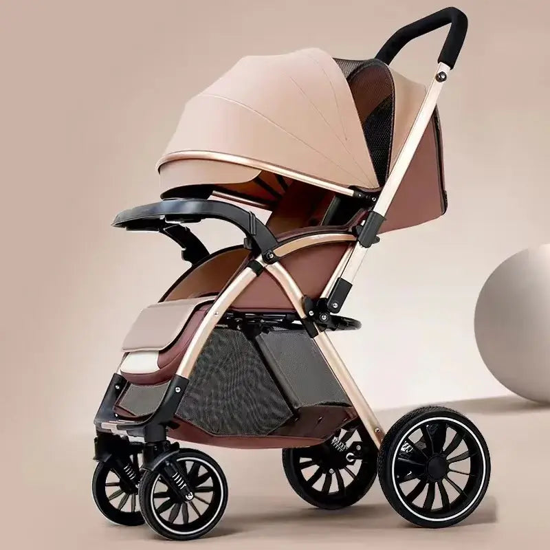 Bi-directional high landscape baby stroller in beige and brown with lightweight design and EVA wheels, perfect for travel.