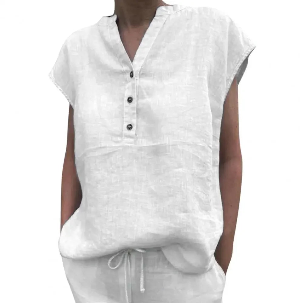 BreezyLuxe™ Cotton Linen V-Neck Blouse in white, featuring a relaxed fit and button closure, perfect for summer.