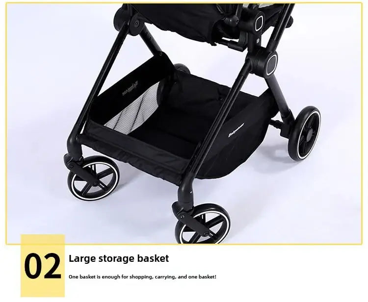 Close-up of Highview Baby Stroller's large storage basket, designed for convenient shopping and carrying.