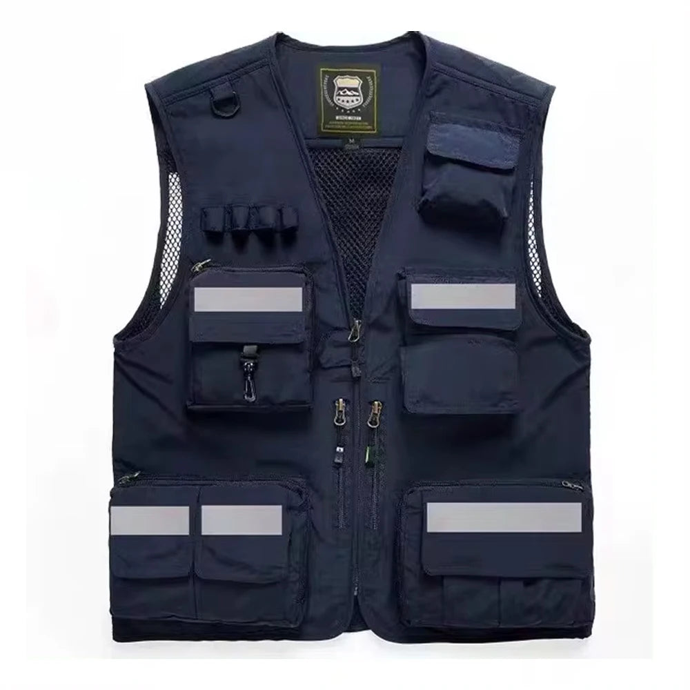 Reflective utility vest with multiple pockets, designed for safety in work environments, crafted from durable materials.