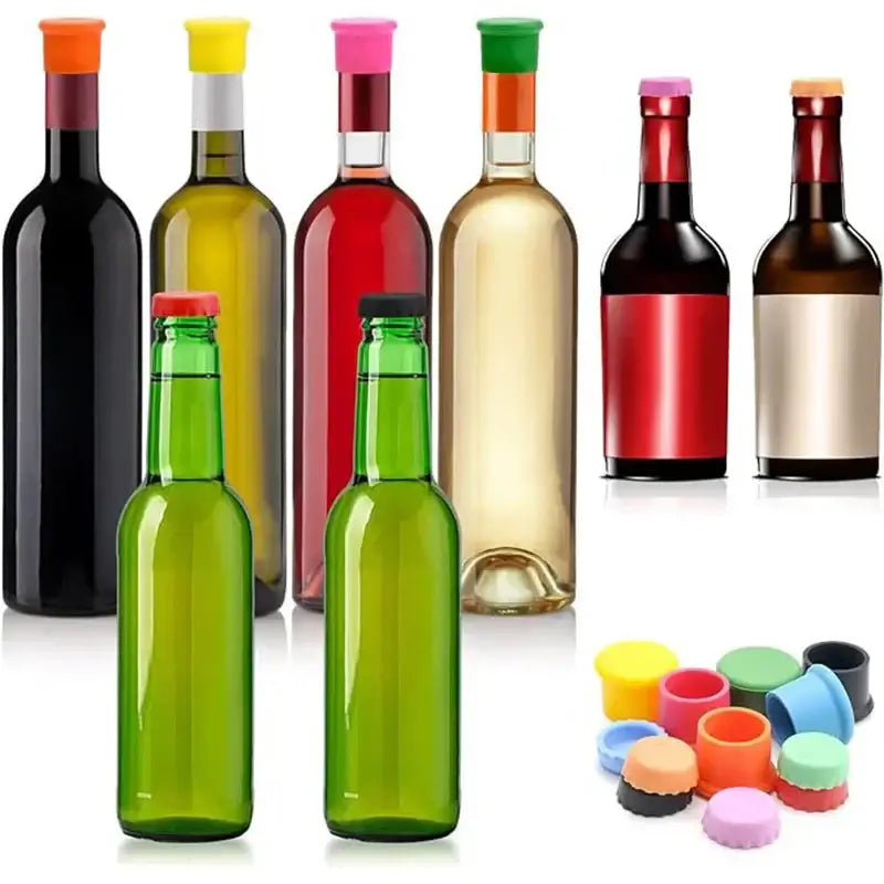 Colorful 6pcs silicone wine bottle caps, reusable and perfect for sealing different types of bottles.