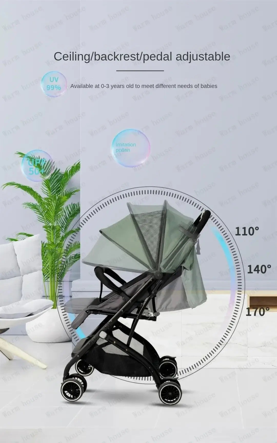 Adjustable portable baby stroller with UV protection, designed for kids 0-3 years, showcasing backrest and pedal features.