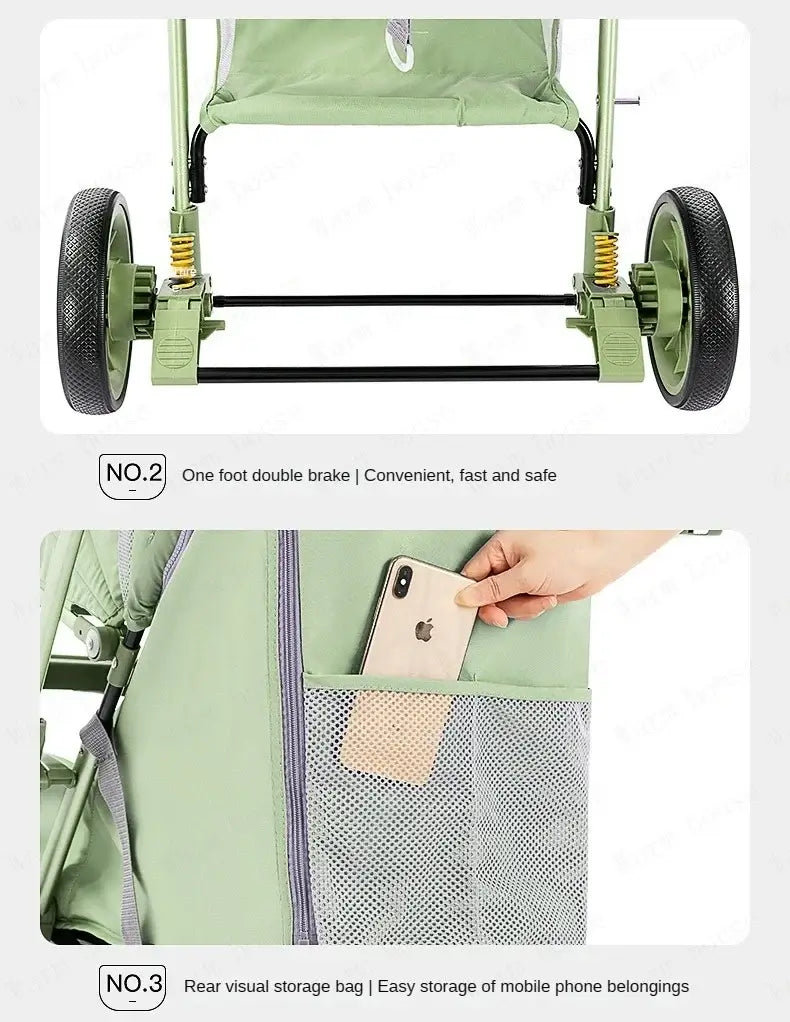 Bi-directional landscape baby stroller features one foot double brake and rear storage bag for convenience.
