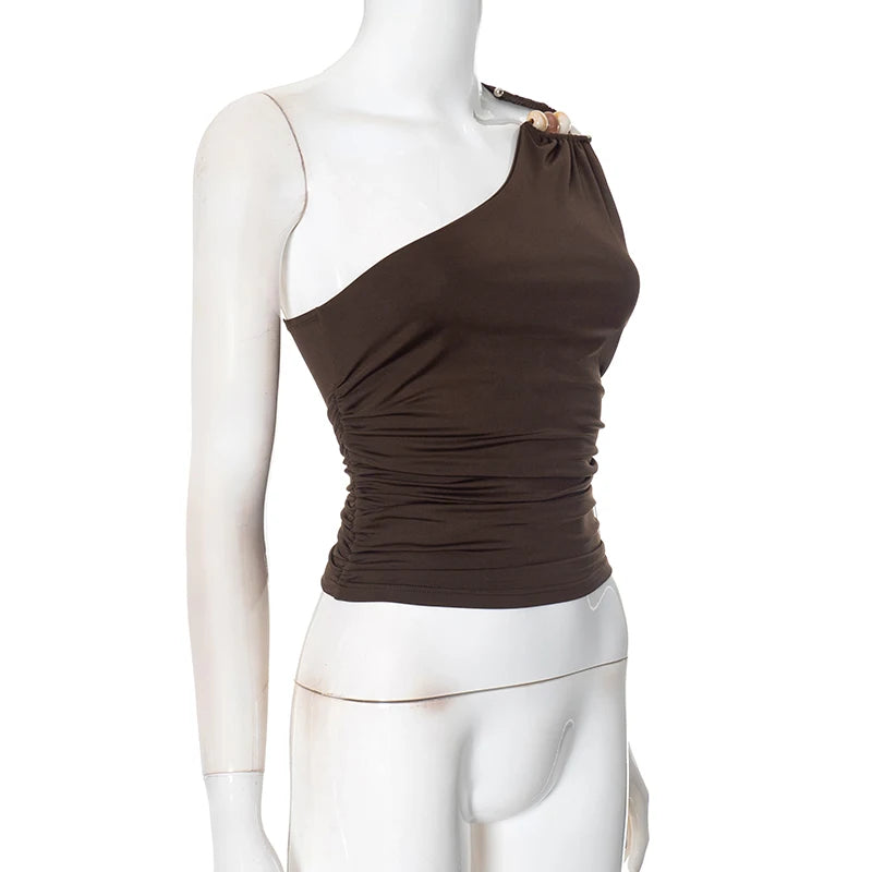 One-Shoulder Beaded Ruched Tank Top