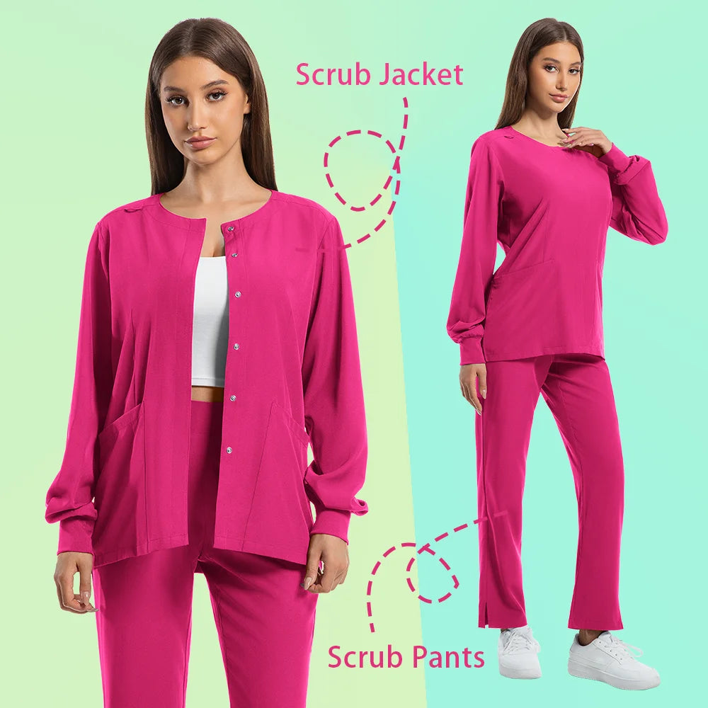 Pink dustproof nursing scrubs set featuring scrub jacket and pants, suitable for medical professionals and clinics.