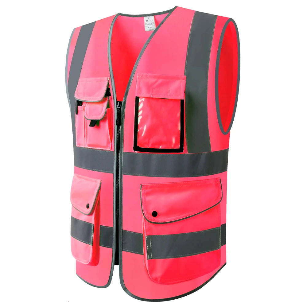 Hi-Vis Pink Safety Vest with Multi-Pockets and Reflective Stripes for construction and utility work.