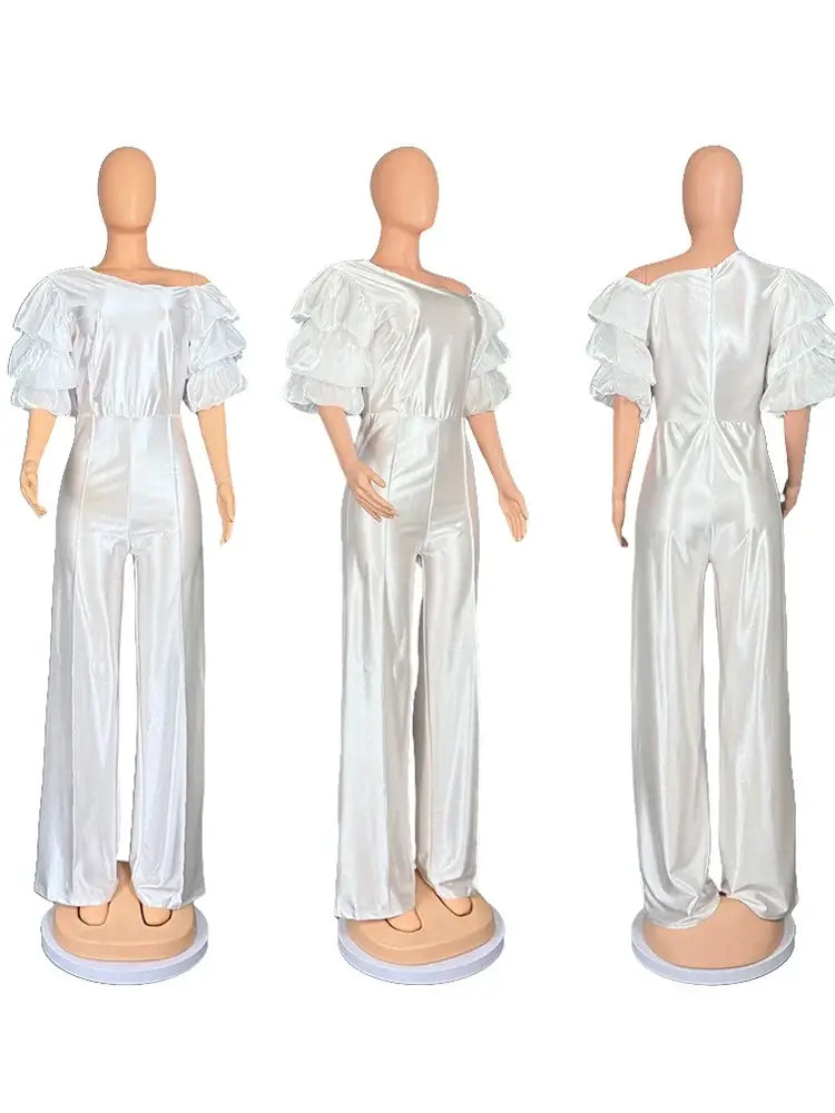 جمبسوت نسائي للحفلات بأكمام منتفخة من الساتان