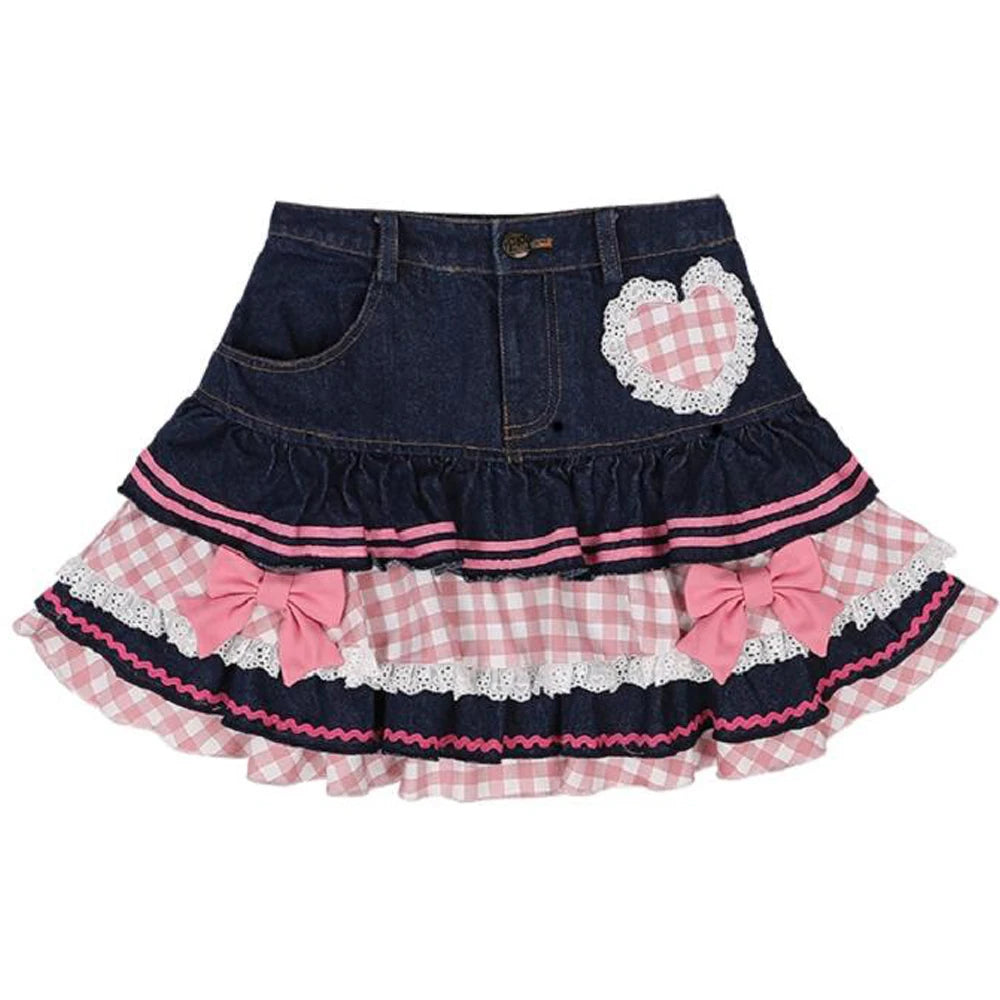 LolitaBall™ – Lace Skater Skirt (Sweet Harajuku Kawaii Denim Skirt)