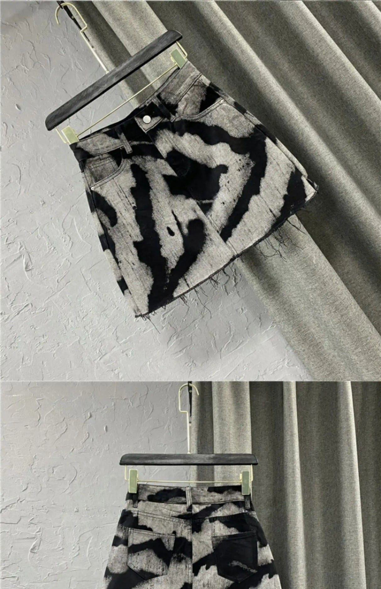 DyeDrape™ – Tie-Dye Short Denim Skirt (Black Gray, Fringed A-Line)