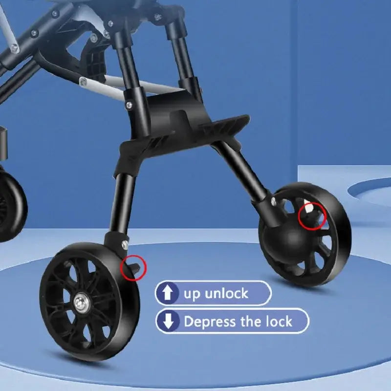 Close-up of Light Foldable Baby Stroller wheel with lock/unlock instructions displayed.
