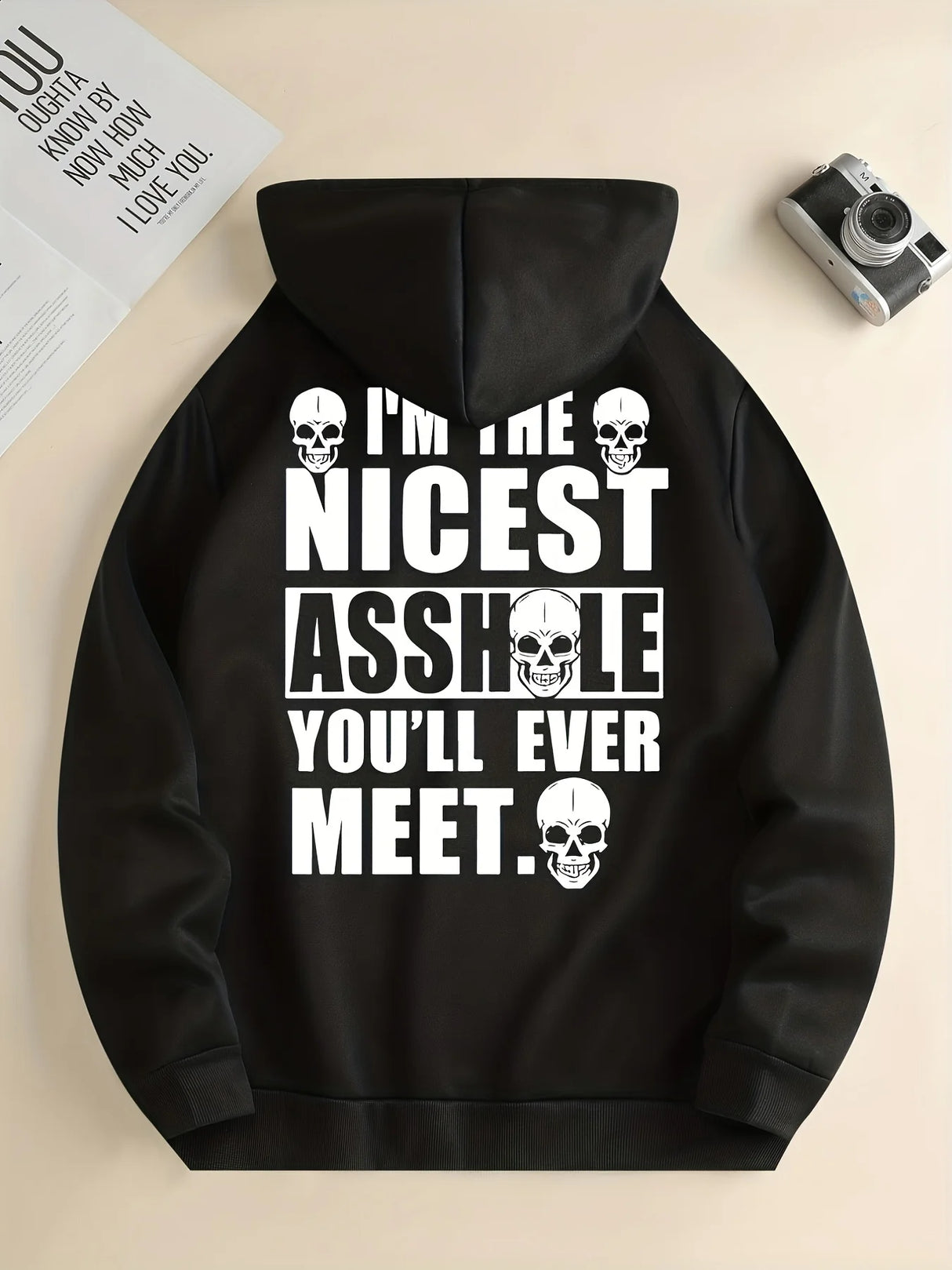 هودي جرافيكي للرجال بمقاسات كبيرة - أسود بأكمام طويلة