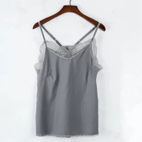 Elegant grey satin camisole with lace detail and strappy design, perfect for casual and club wear.