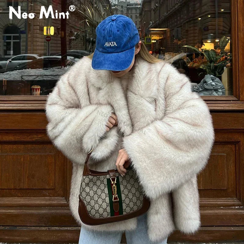 Neo Mint Gradient Faux Fur Oversized Women's Winter Coat