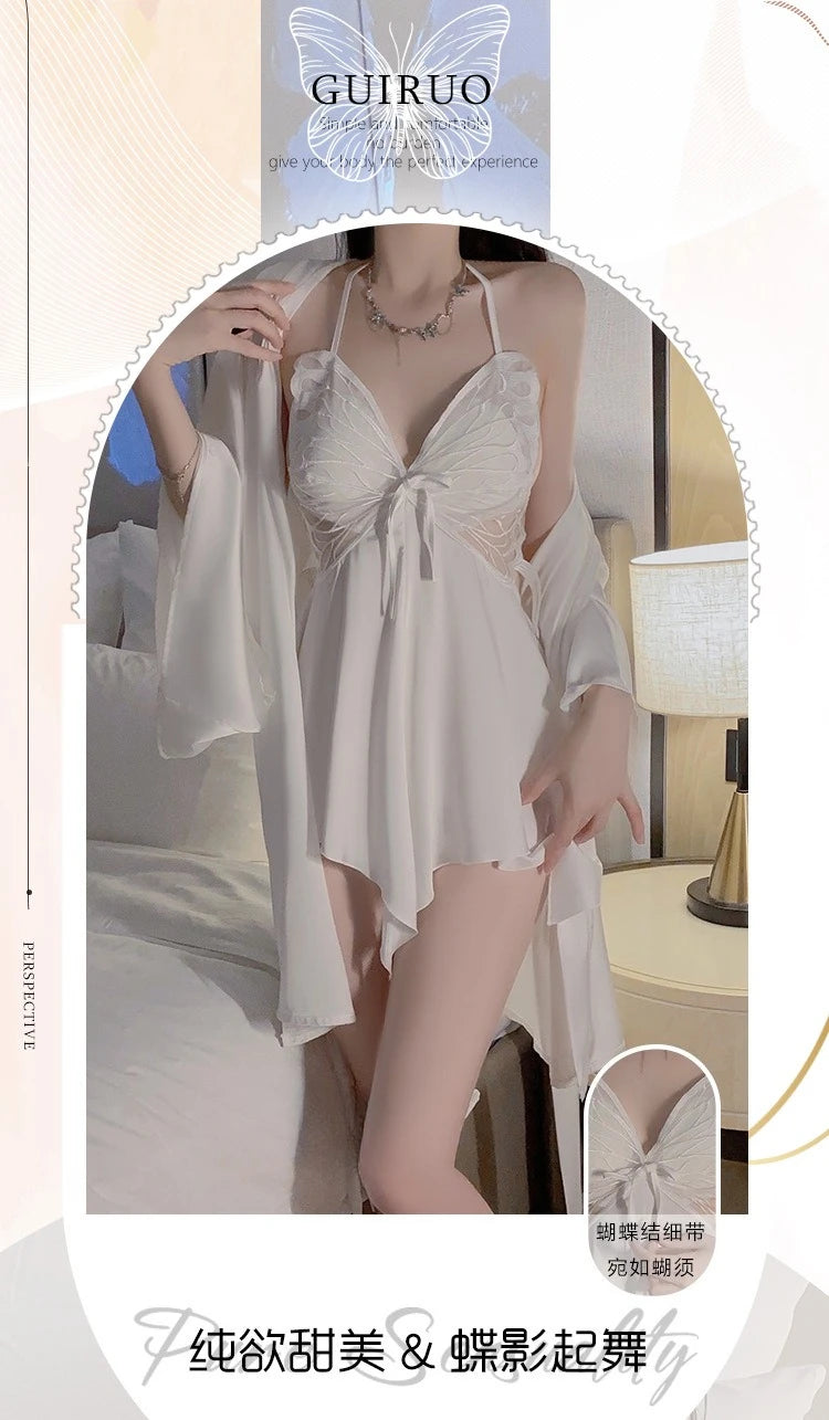 طقم نوم نسائي مع روب فيونكة