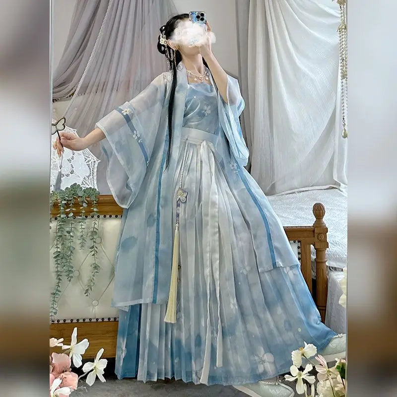 Vintage blue Hanfu cosplay dress set for women, featuring flowing layers and elegant patterns, perfect for summer parties.