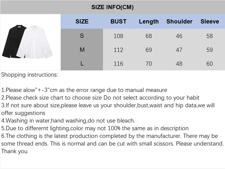 Size chart for EmbroiChic™ embroidered shirts, detailing dimensions for small, medium, and large sizes.