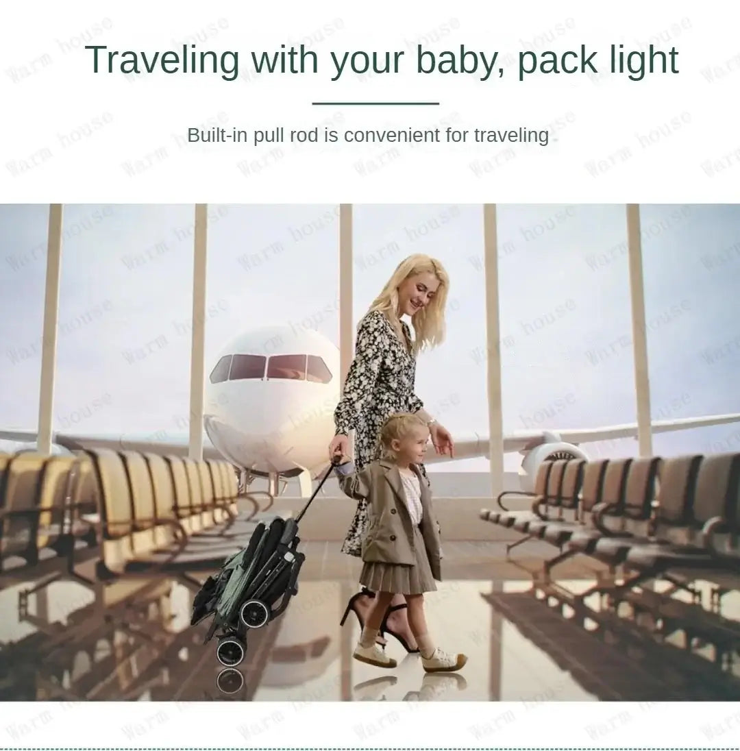 Mother and child using a foldable baby stroller at the airport for easy travel with built-in pull rod.