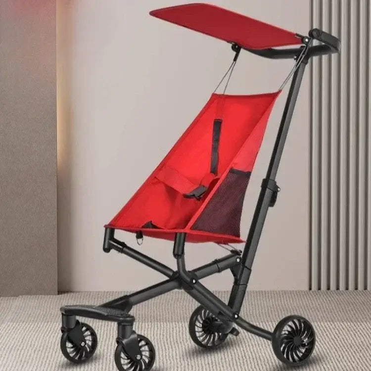 Lightweight red baby stroller with adjustable canopy and foldable design for children aged 1-6 years.