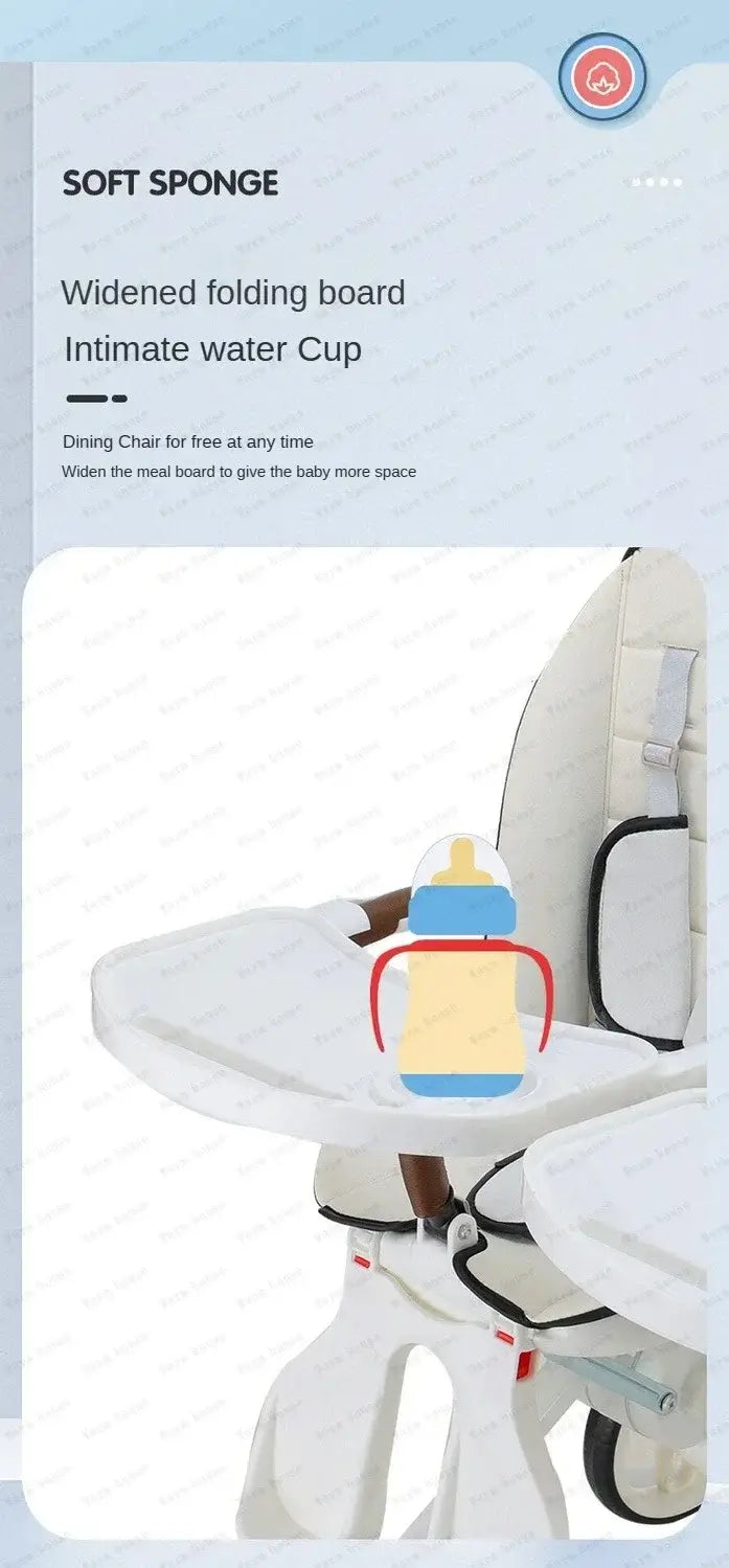 High chair with widened folding board and cup holder for toddlers, featuring a soft sponge for comfort.