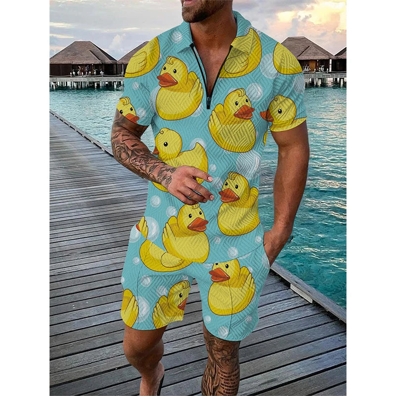 Men's 3D Print Polo & Shorts Set