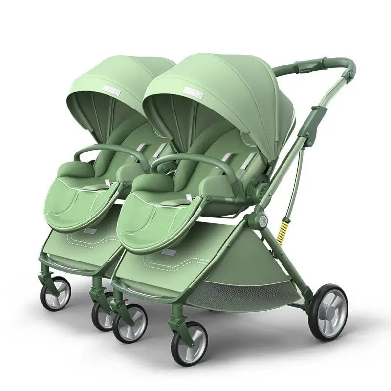 Green twin baby stroller with adjustable canopies and comfortable seating for two infants, perfect for ages 0-6 years.