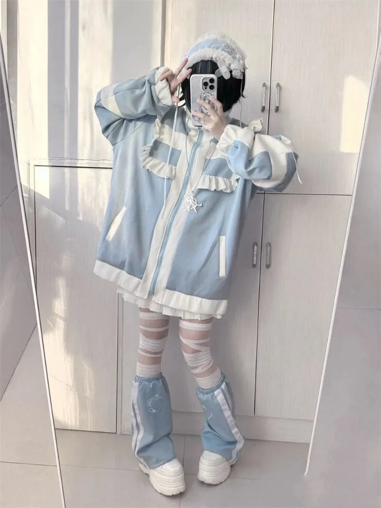 Japanese Patchwork Oversized Women's Coat – Y2K Lolita Ruffle Jacket