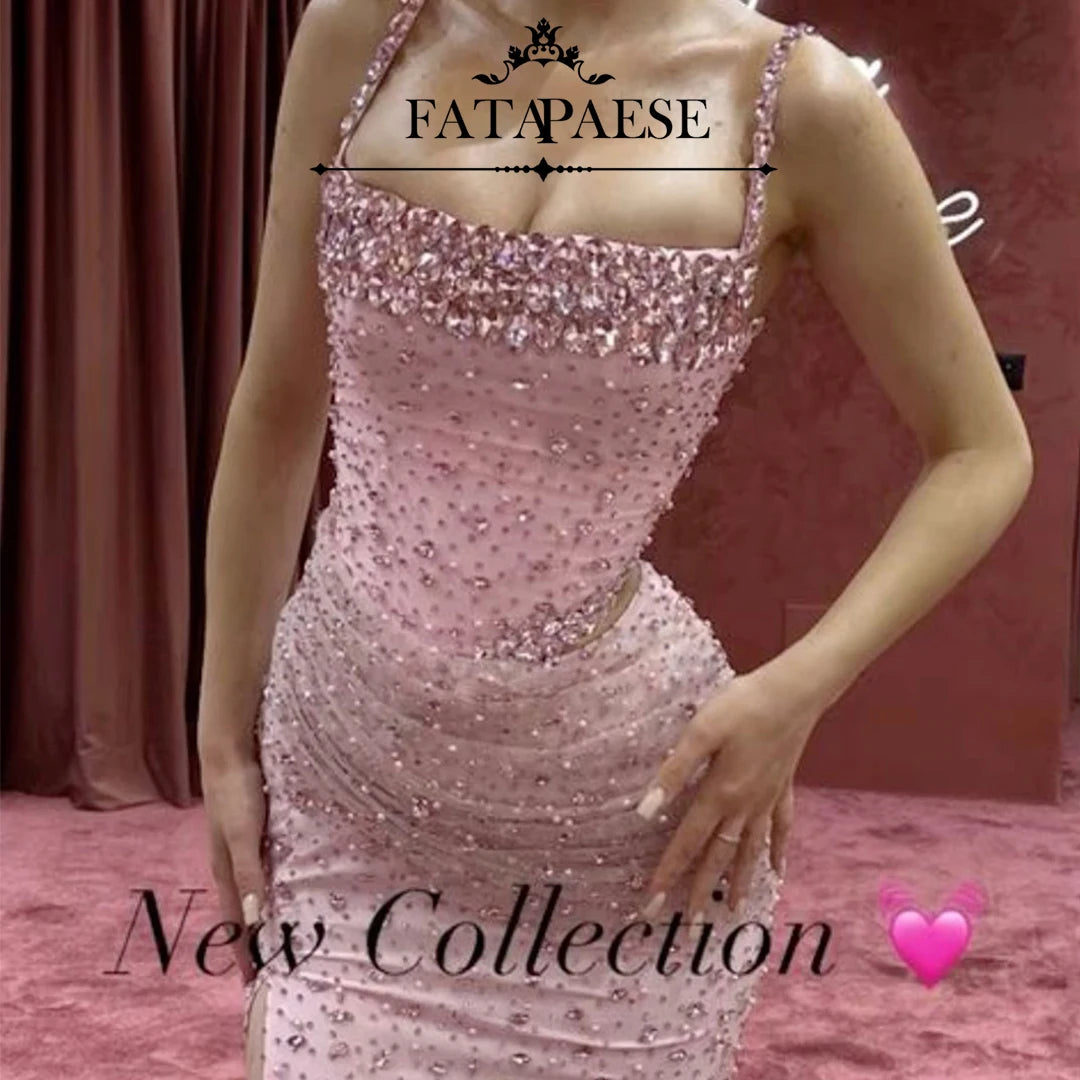 Customized pink sparkling dress from FATAPAESE showcasing intricate beading, perfect for special occasions.