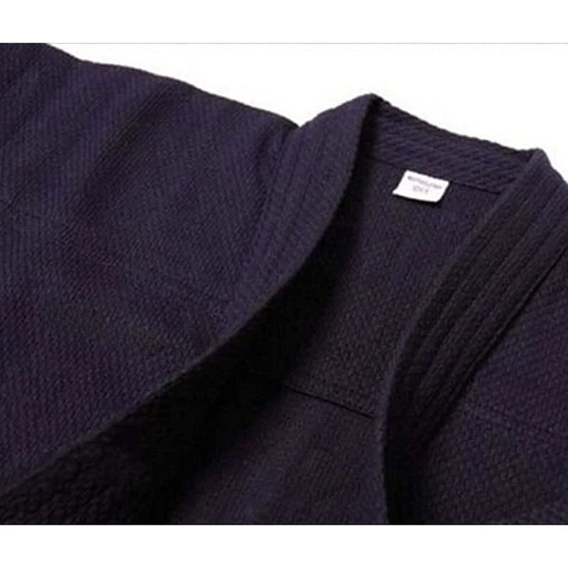 Close-up of a dark navy Kendo Hakama Kimono, showcasing the textured fabric and collar detail, suitable for martial arts.