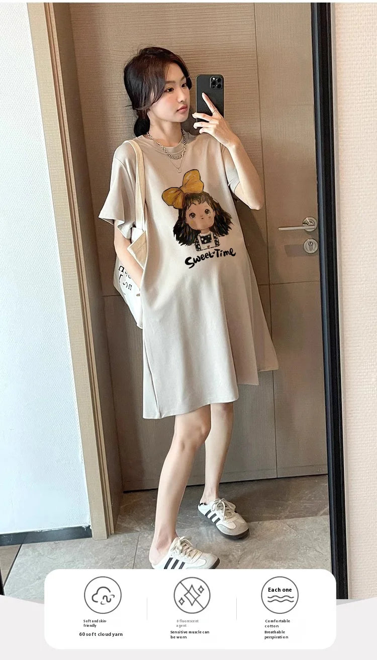 Sweet Casual Maternity T-Shirt Dress in natural color with cartoon design, perfect for summer wear.