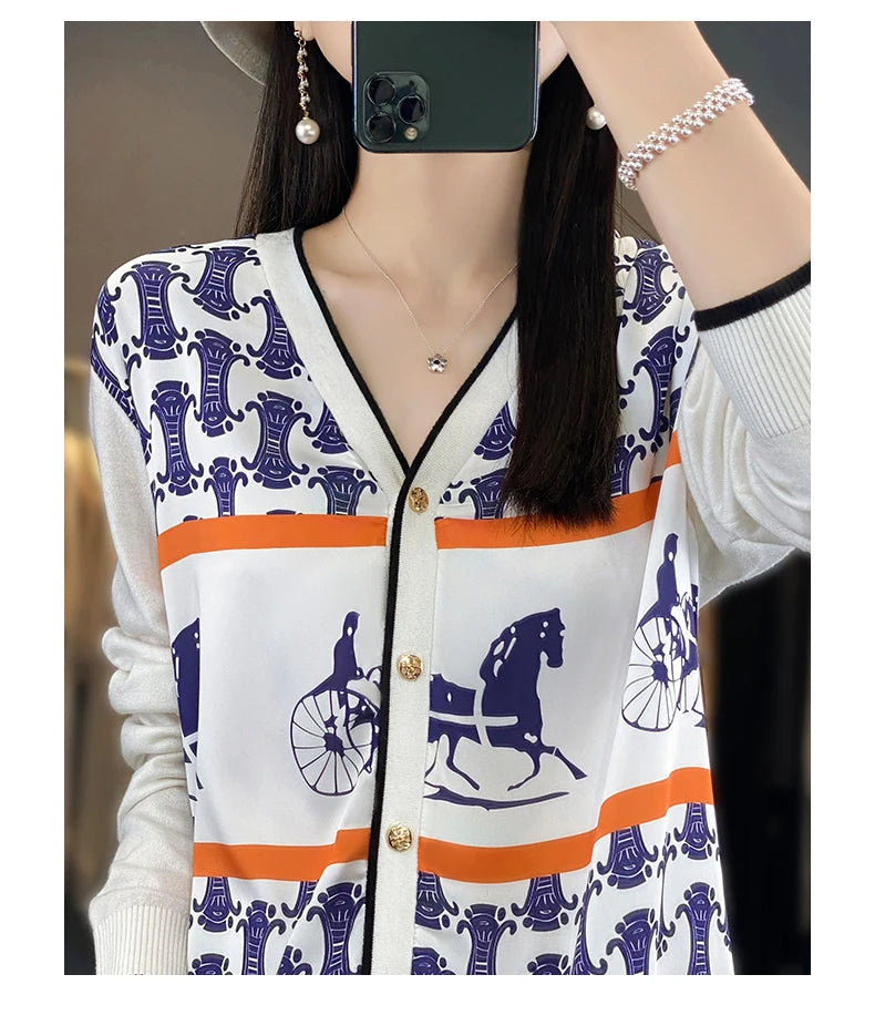 Women's Silk Print Wool Cardigan