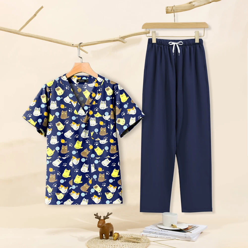 Cartoon print dental scrubs set featuring cute animal designs, breathable cotton fabric for women in navy and colorful tops.