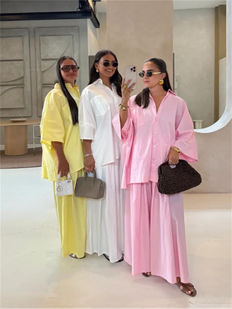 طقم بنطال نسائي من القطن بقصة واسعة